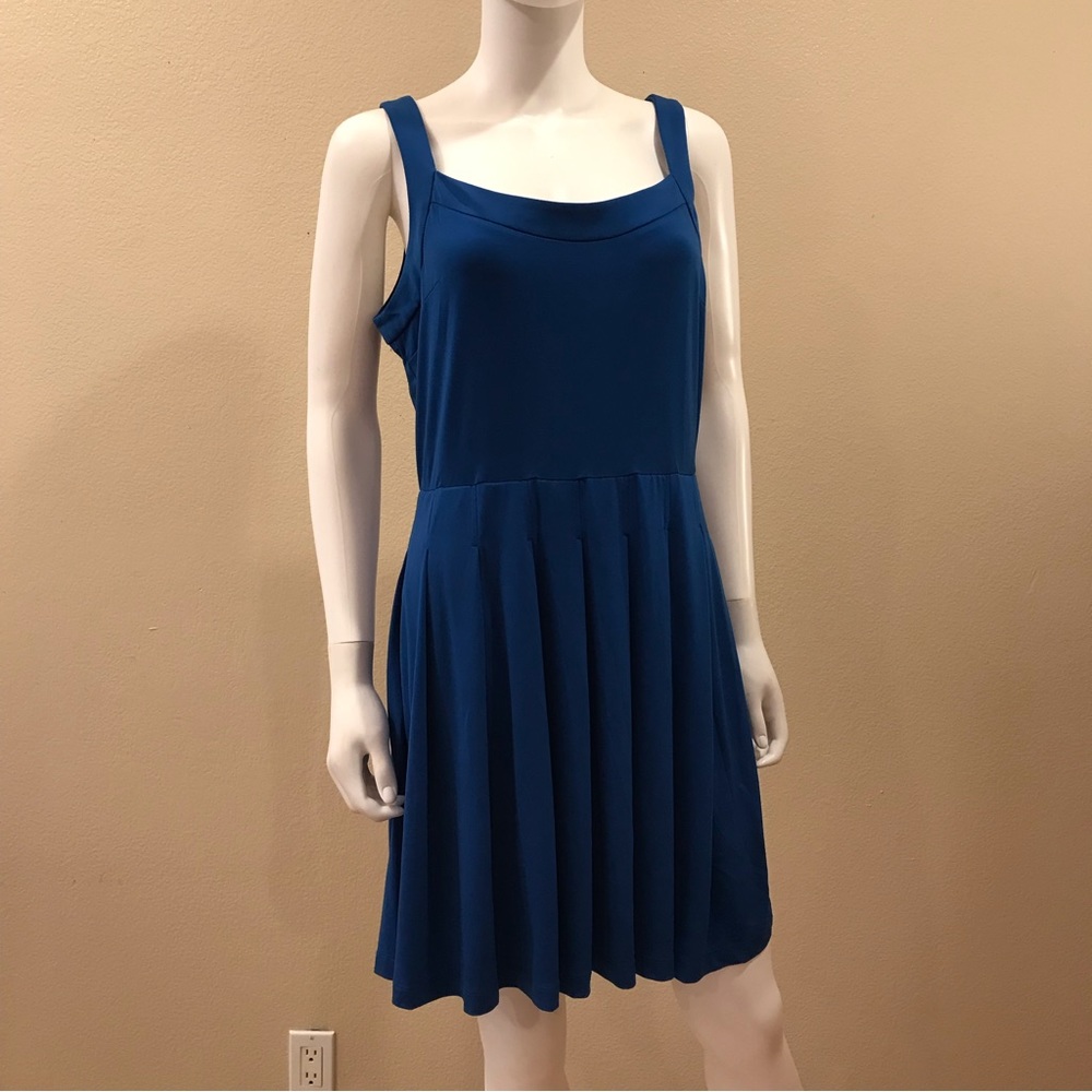 Alex Alex Summer Dress Size 10 Solid Blue Fit Flare Pleated Skirt Sleeveless
